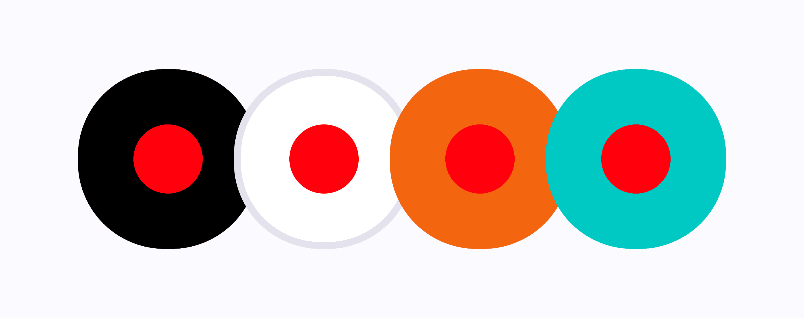 Four differently colored circles with red dots inside them. Showing how the red color changes when surrounded by different colors.