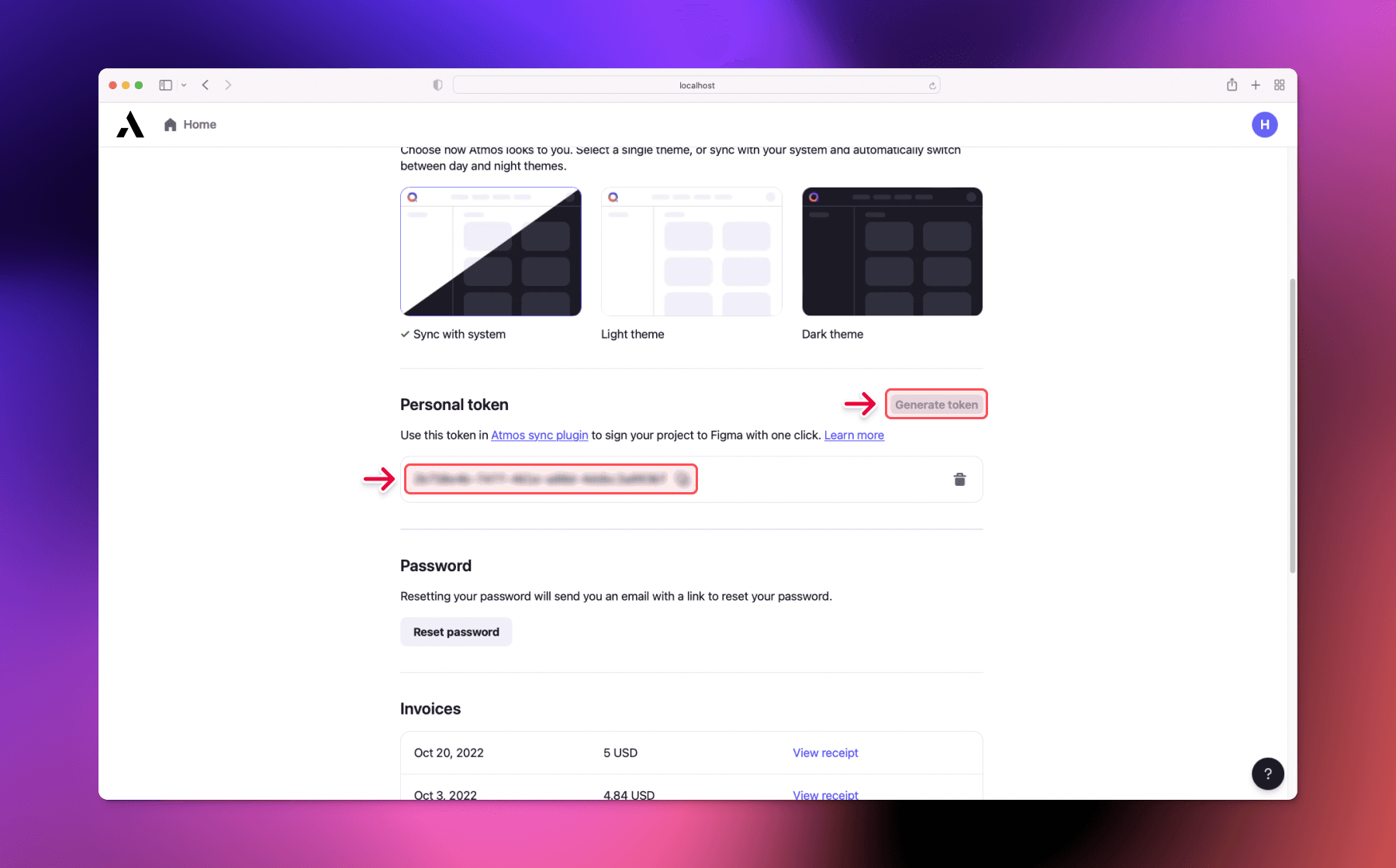 Atmos user settings page